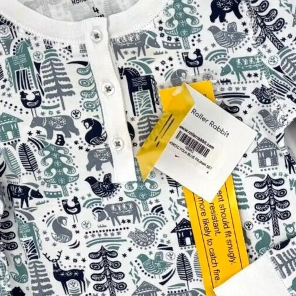 Roller Rabbit Kid’s Size 4 Nordic Folk Print 2-Piece Pajama Set Blue/White NWT